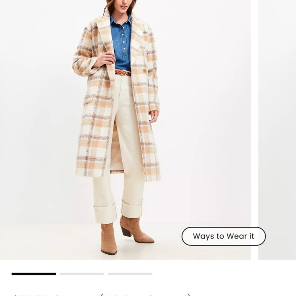 NWT Loft Plaid Long Coat in Cream and Tan